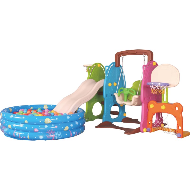 Scivolo Per Bambini Con Altalena e piscina Giardino Esterni Interno Multifunzione Con Canestro H122 X L209 X L256 Party