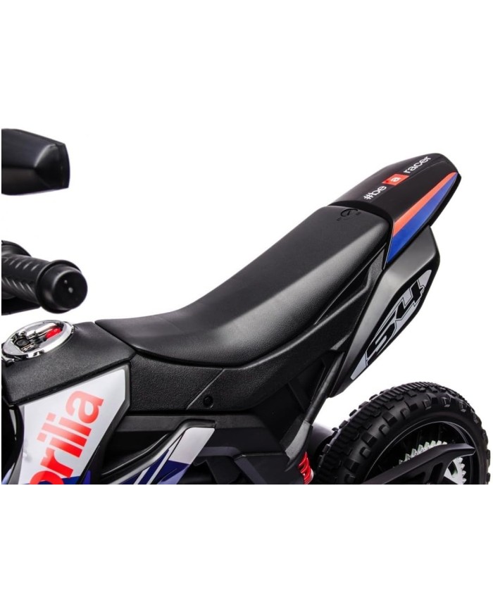 Moto Elettrica Bambini Aprilia RX 12V Cross SEDILI IN PELLE Luci Led BLUETOOTH Sospensioni A Molla blue
