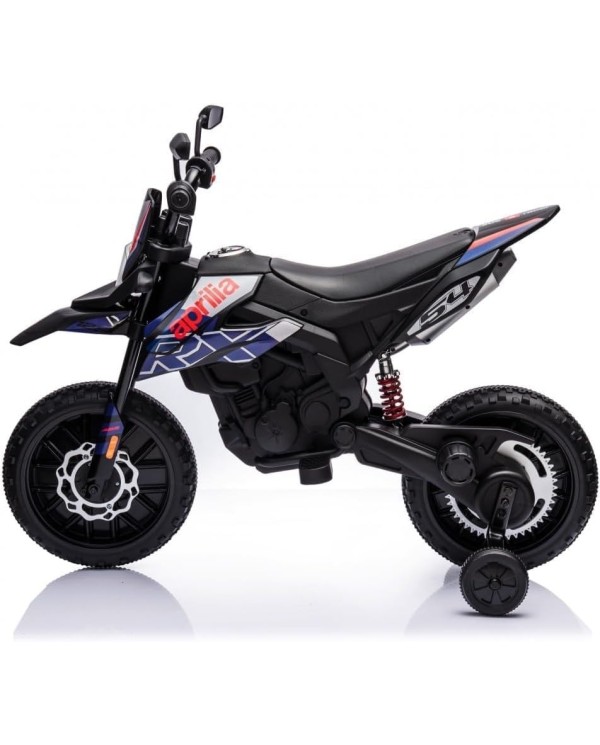 Moto Elettrica Bambini Aprilia RX 12V Cross SEDILI IN PELLE Luci Led BLUETOOTH Sospensioni A Molla blue