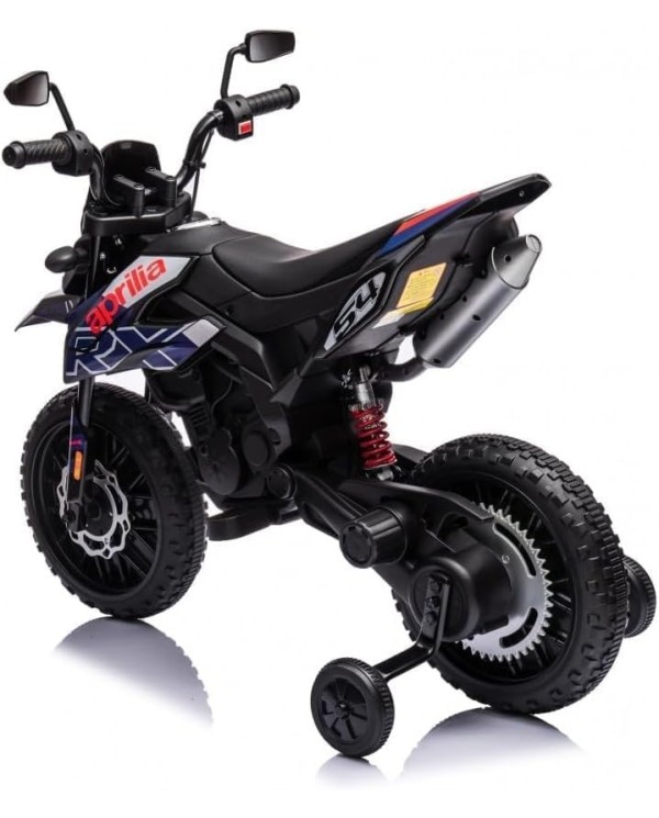 Moto Elettrica Bambini Aprilia RX 12V Cross SEDILI IN PELLE Luci Led BLUETOOTH Sospensioni A Molla blue