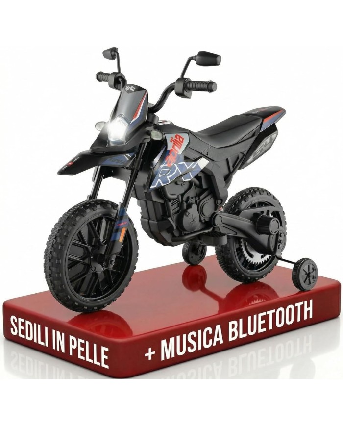 Moto Elettrica Bambini Aprilia RX 12V Cross SEDILI IN PELLE Luci Led BLUETOOTH Sospensioni A Molla blue