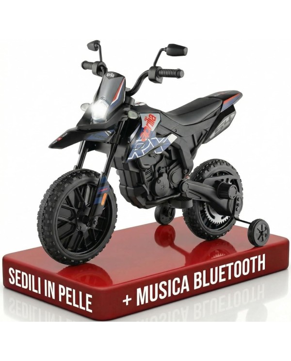 Moto Elettrica Bambini Aprilia RX 12V Cross SEDILI IN PELLE Luci Led BLUETOOTH Sospensioni A Molla blue