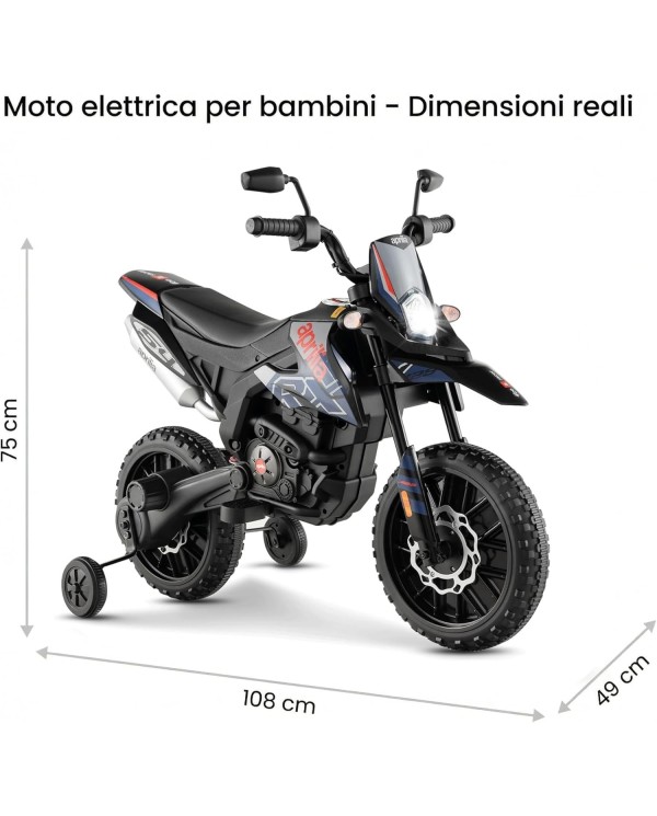 Moto Elettrica Bambini Aprilia RX 12V Cross SEDILI IN PELLE Luci Led BLUETOOTH Sospensioni A Molla blue