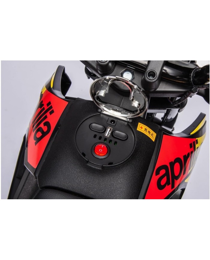  Moto Elettrica Bambini Aprilia RX 12V Cross SEDILI IN PELLE Luci Led BLUETOOTH Sospensioni A Molla Giallo