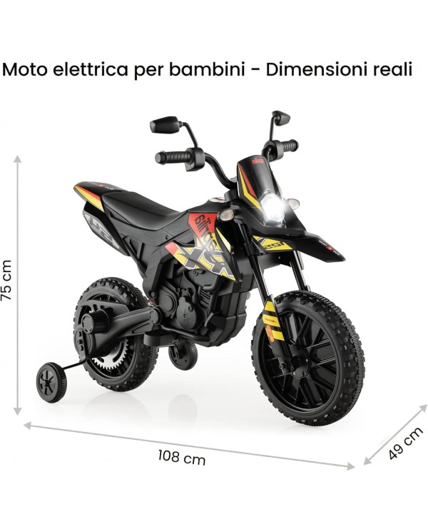 Moto Elettrica Bambini Aprilia RX 12V Cross SEDILI IN PELLE Luci Led BLUETOOTH Sospensioni A Molla Giallo|Toys Car