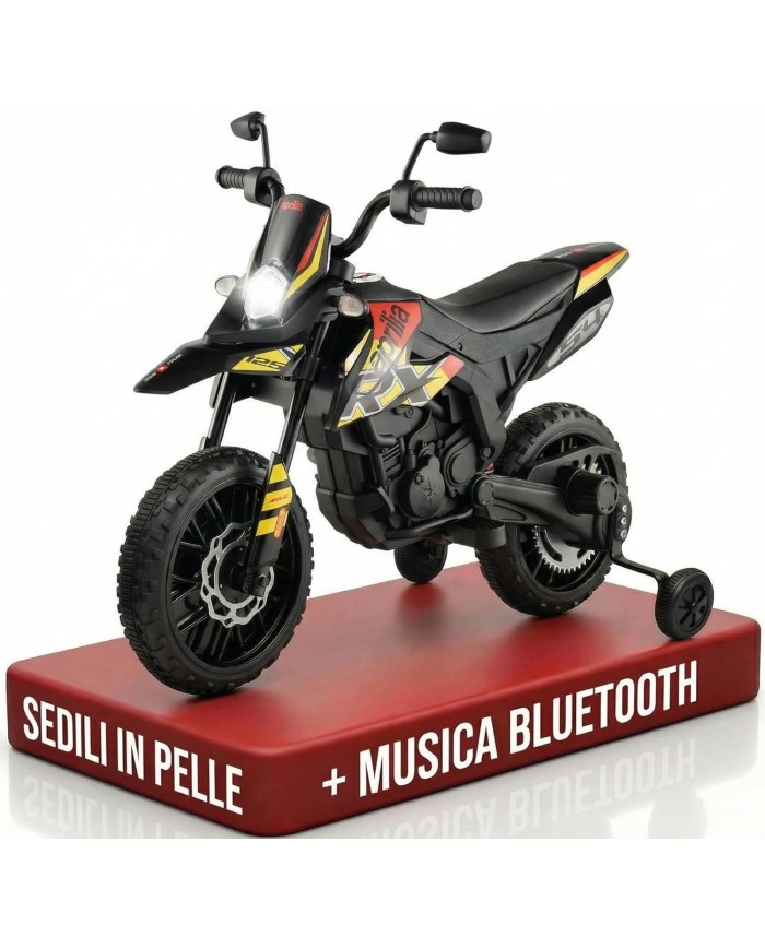  Moto Elettrica Bambini Aprilia RX 12V Cross SEDILI IN PELLE Luci Led BLUETOOTH Sospensioni A Molla Giallo
