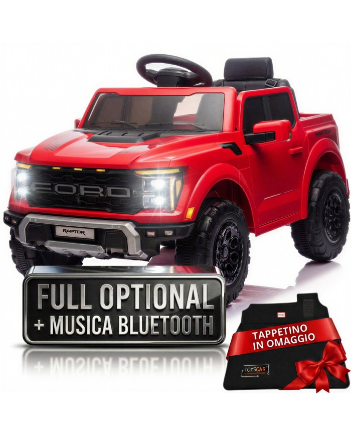 Auto Elettrica Bambini Ford Raptor 12V con Telecomando Porte Apribili, Bluetooth Luci LED e TAPPETINI Inclusi (Rossa)