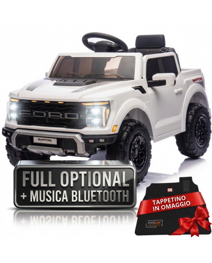 Auto Elettrica Bambini Ford Raptor 12V con Telecomando Porte Apribili, Bluetooth Luci LED e TAPPETINI Inclusi (Bianca)