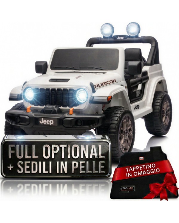 Auto Macchina Elettrica NEW Jeep Wrangler Rubicon 12V per Bambini porte apribili Con telecomando Full accessori Tappetini Bianca