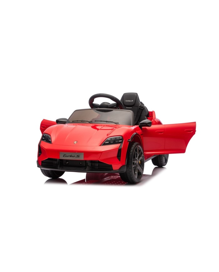 Auto Elettrica Bambini 12V Porsche Taycan Turbo S con Telecomando Porte Apribili, Bluetooth Luci LED e Tappetini Rossa
