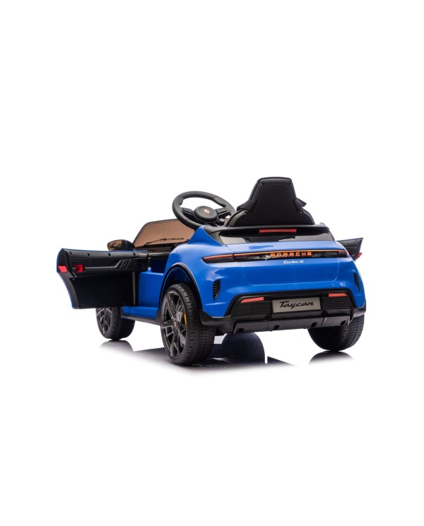 Auto Elettrica Bambini 12V Porsche Taycan Turbo S con Telecomando Porte Apribili, Bluetooth Luci LED e Tappetini Blu