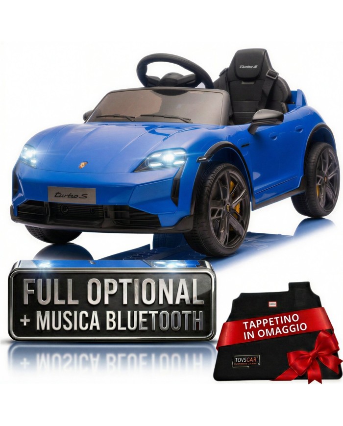 Auto Elettrica Bambini 12V Porsche Taycan Turbo S con Telecomando Porte Apribili, Bluetooth Luci LED e Tappetini Blu