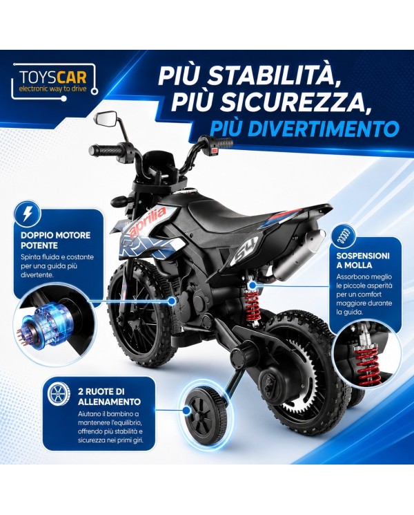 Moto Elettrica Bambini Aprilia RX 12V Cross SEDILI IN PELLE Luci Led BLUETOOTH Sospensioni A Molla Blue|Toys Car
