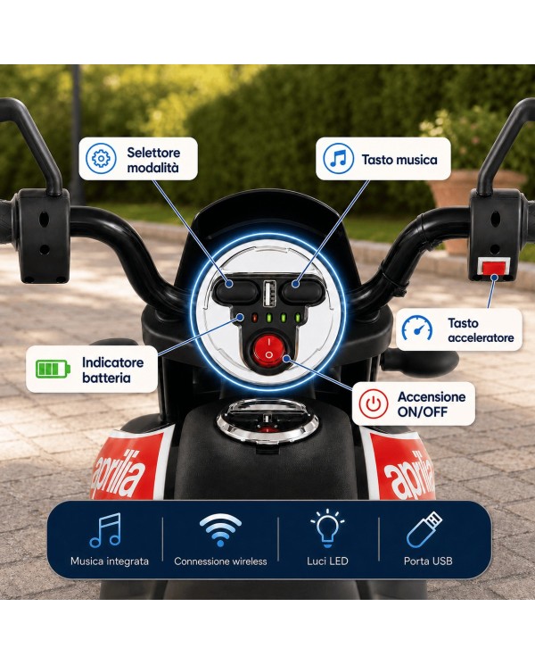 Moto Elettrica Bambini Aprilia RX 12V Cross SEDILI IN PELLE Luci Led BLUETOOTH Sospensioni A Molla Rosso|Toys Car