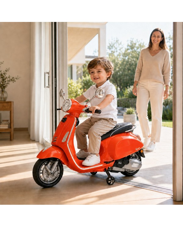 Moto Elettrica Vespa Primavera Elettrica per Bambini 12V Licenza Ufficiale Piaggio Sedile Pelle Luci LED suono Clacson Arancione|Toys Car