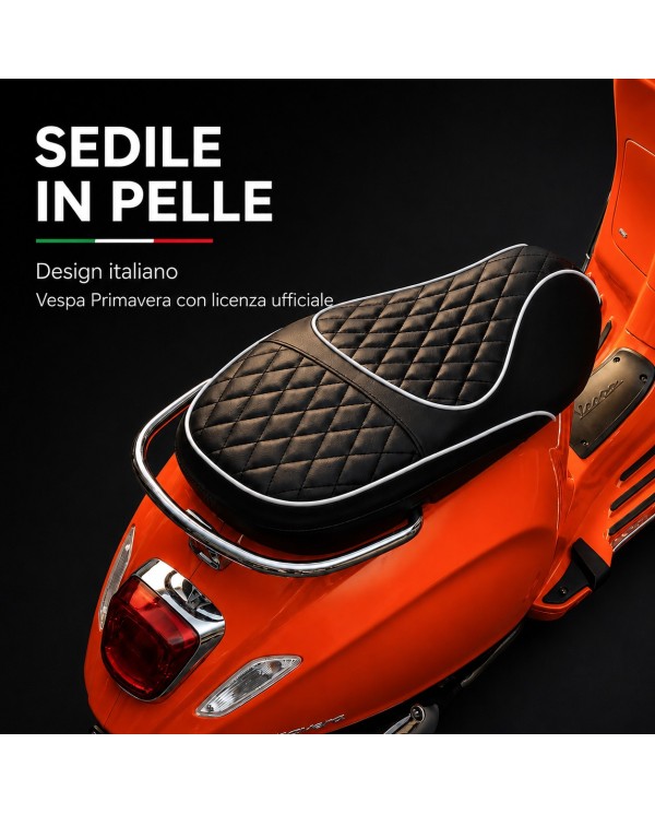 Moto Elettrica Vespa Primavera Elettrica per Bambini 12V Licenza Ufficiale Piaggio Sedile Pelle Luci LED suono Clacson Arancione|Toys Car