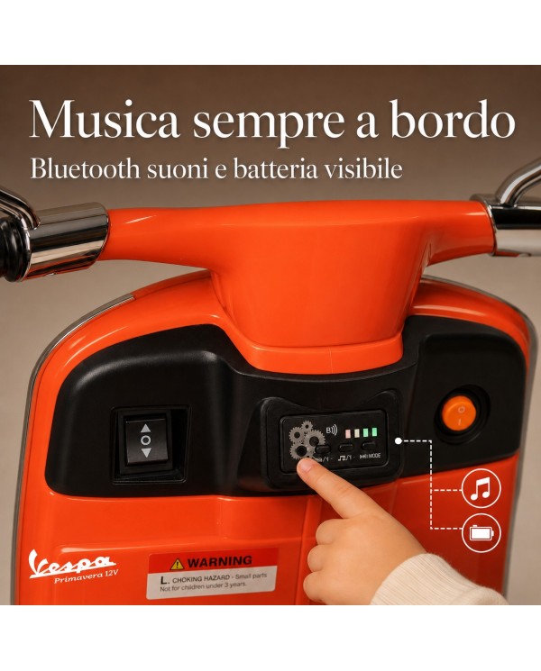 Moto Elettrica Vespa Primavera Elettrica per Bambini 12V Licenza Ufficiale Piaggio Sedile Pelle Luci LED suono Clacson Arancione|Toys Car