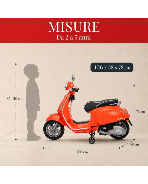 Moto Elettrica Vespa Primavera Elettrica per Bambini 12V Licenza Ufficiale Piaggio Sedile Pelle Luci LED suono Clacson Arancione|Toys Car