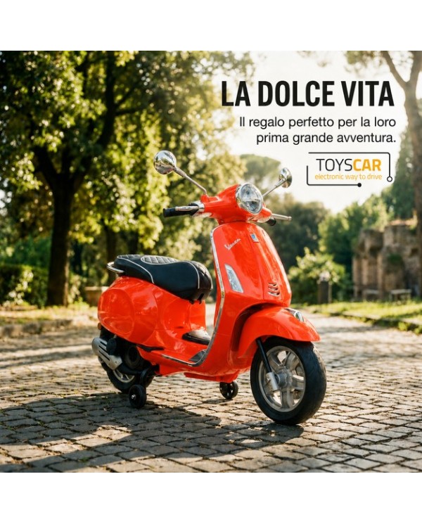 Moto Elettrica Vespa Primavera Elettrica per Bambini 12V Licenza Ufficiale Piaggio Sedile Pelle Luci LED suono Clacson Arancione|Toys Car