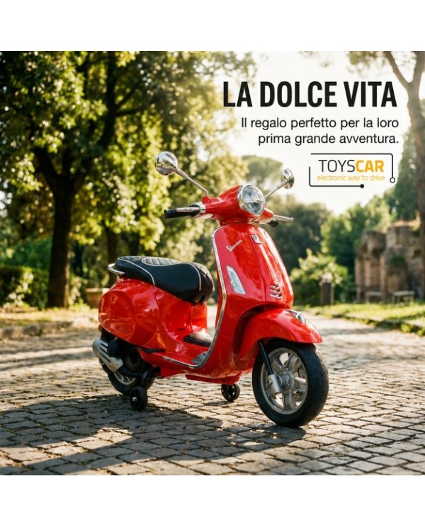 Moto Elettrica Vespa Primavera Elettrica per Bambini 12V Licenza Ufficiale Piaggio Sedile Pelle Luci LED suono Clacson Rosso|Toys Car