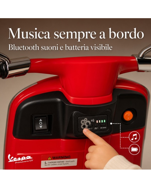 Moto Elettrica Vespa Primavera Elettrica per Bambini 12V Licenza Ufficiale Piaggio Sedile Pelle Luci LED suono Clacson Rosso|Toys Car