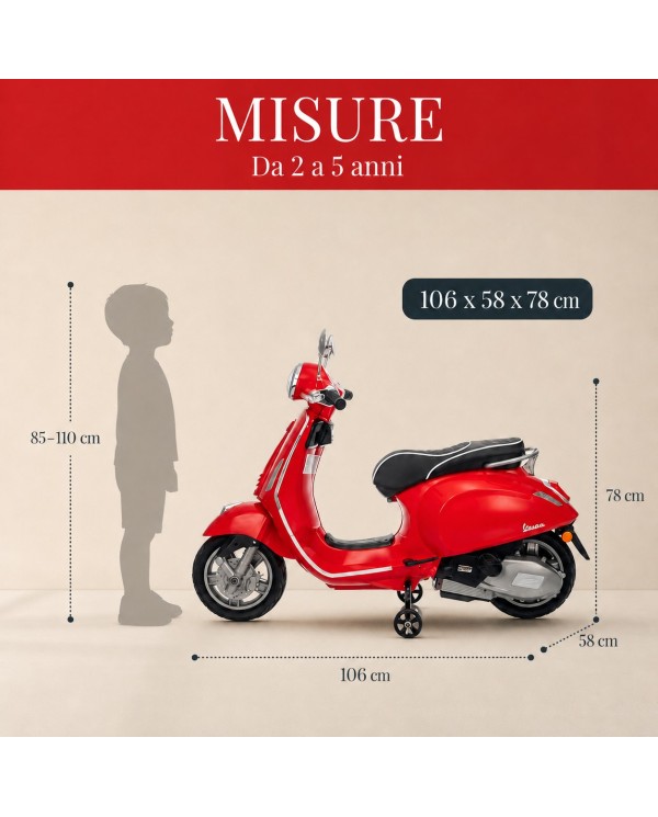 Moto Elettrica Vespa Primavera Elettrica per Bambini 12V Licenza Ufficiale Piaggio Sedile Pelle Luci LED suono Clacson Rosso|Toys Car