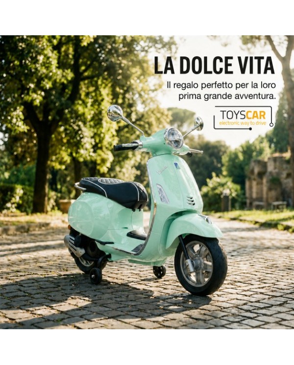 Moto Elettrica Vespa Primavera Elettrica per Bambini 12V Licenza Ufficiale Piaggio Sedile Pelle Luci LED suono Clacson MENTA|Toys Car