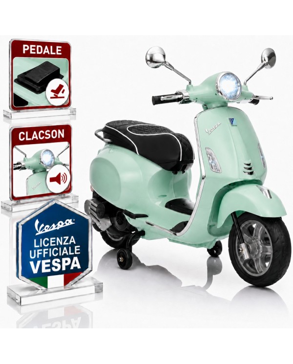 Moto Elettrica Vespa Primavera Elettrica per Bambini 12V Licenza Ufficiale Piaggio Sedile Pelle Luci LED suono Clacson MENTA|Toys Car