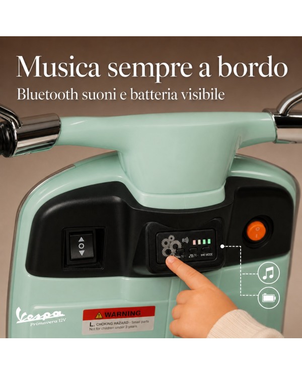 Moto Elettrica Vespa Primavera Elettrica per Bambini 12V Licenza Ufficiale Piaggio Sedile Pelle Luci LED suono Clacson MENTA|Toys Car