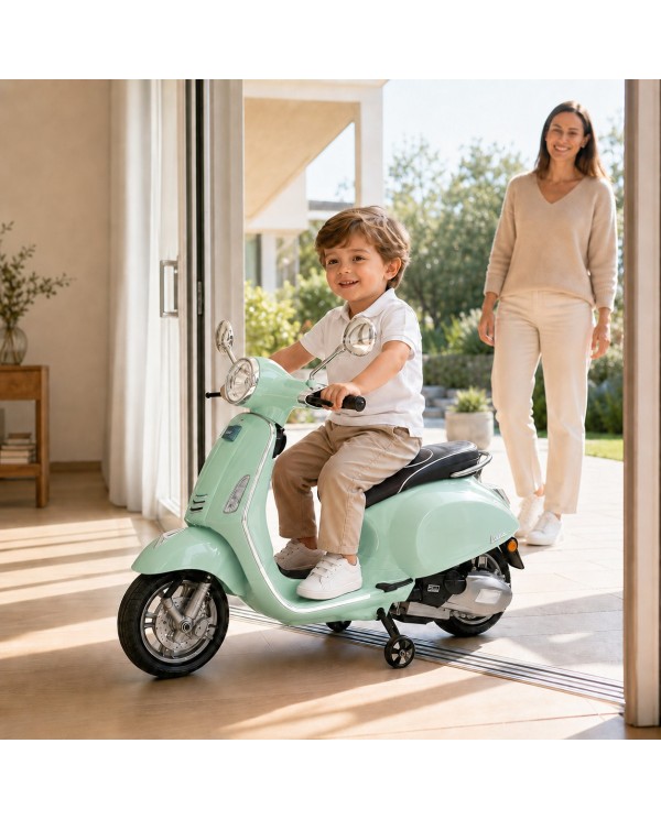 Moto Elettrica Vespa Primavera Elettrica per Bambini 12V Licenza Ufficiale Piaggio Sedile Pelle Luci LED suono Clacson MENTA|Toys Car