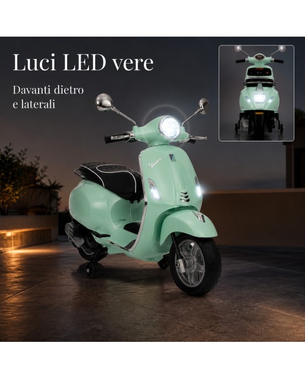 Moto Elettrica Vespa Primavera Elettrica per Bambini 12V Licenza Ufficiale Piaggio Sedile Pelle Luci LED suono Clacson MENTA|Toys Car