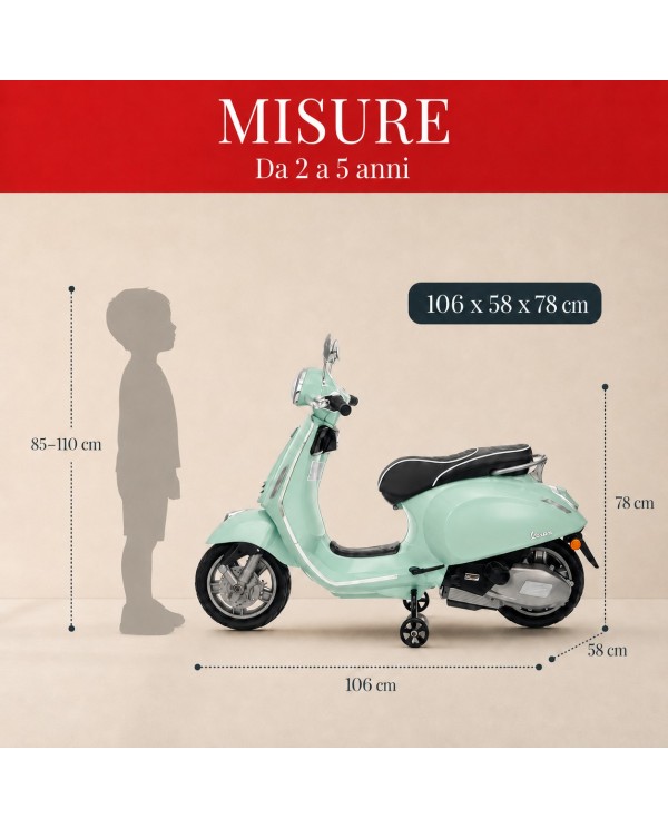 Moto Elettrica Vespa Primavera Elettrica per Bambini 12V Licenza Ufficiale Piaggio Sedile Pelle Luci LED suono Clacson MENTA|Toys Car