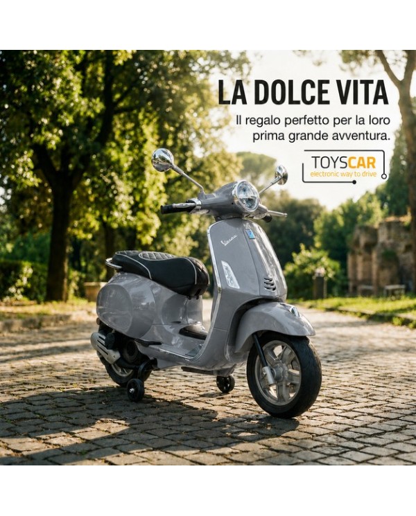 Moto Elettrica Vespa Primavera Elettrica per Bambini 12V Licenza Ufficiale Piaggio Sedile Pelle Luci LED suono Clacson Grigio|Toys Car