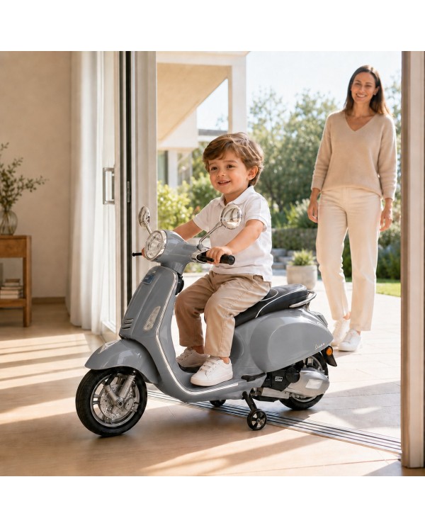 Moto Elettrica Vespa Primavera Elettrica per Bambini 12V Licenza Ufficiale Piaggio Sedile Pelle Luci LED suono Clacson Grigio|Toys Car