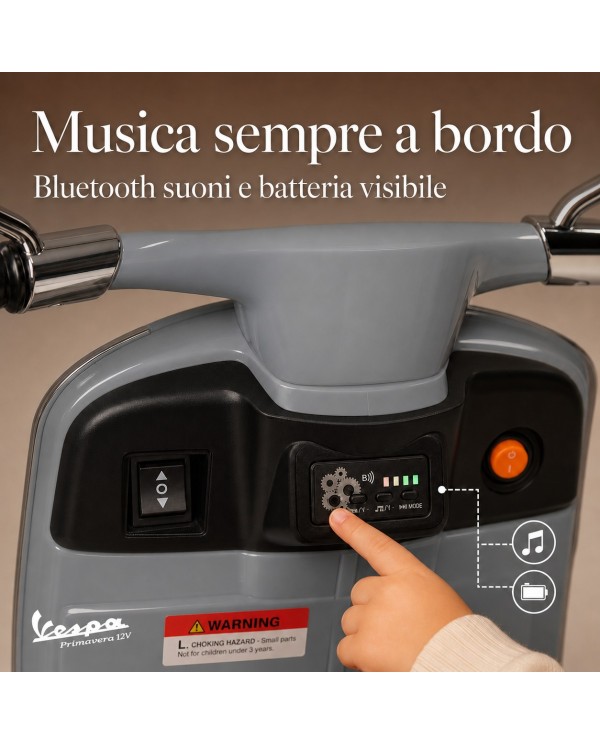 Moto Elettrica Vespa Primavera Elettrica per Bambini 12V Licenza Ufficiale Piaggio Sedile Pelle Luci LED suono Clacson Grigio|Toys Car