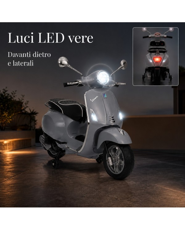 Moto Elettrica Vespa Primavera Elettrica per Bambini 12V Licenza Ufficiale Piaggio Sedile Pelle Luci LED suono Clacson Grigio|Toys Car