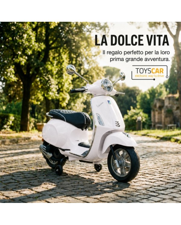 Moto Elettrica Vespa Primavera Elettrica per Bambini 12V Licenza Ufficiale Piaggio Sedile Pelle Luci LED suono Clacson Bianco|Toys Car