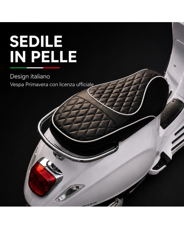 Moto Elettrica Vespa Primavera Elettrica per Bambini 12V Licenza Ufficiale Piaggio Sedile Pelle Luci LED suono Clacson Bianco|Toys Car
