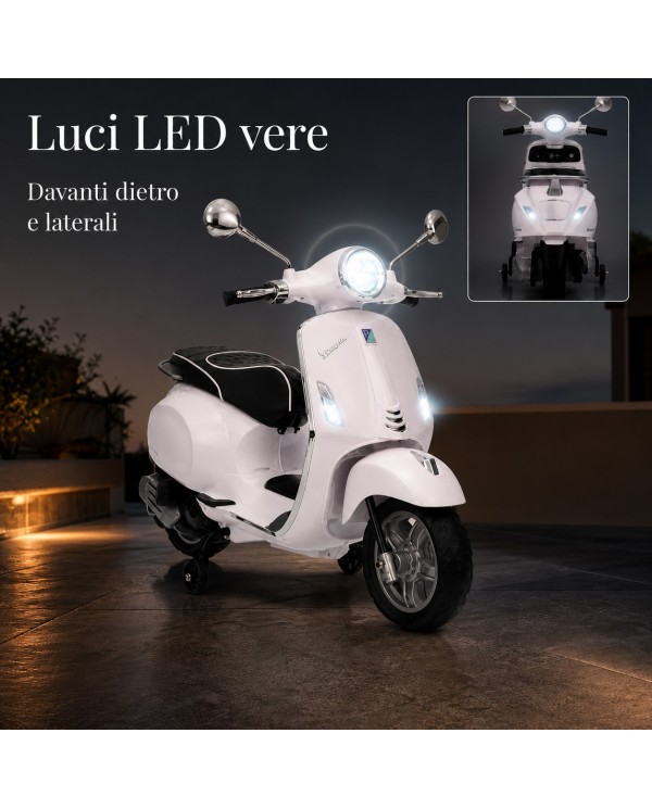 Moto Elettrica Vespa Primavera Elettrica per Bambini 12V Licenza Ufficiale Piaggio Sedile Pelle Luci LED suono Clacson Bianco|Toys Car