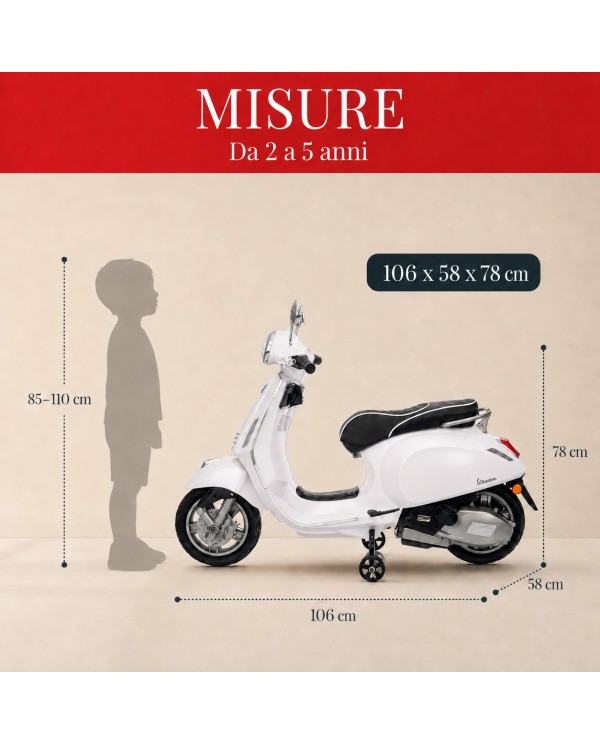 Moto Elettrica Vespa Primavera Elettrica per Bambini 12V Licenza Ufficiale Piaggio Sedile Pelle Luci LED suono Clacson Bianco|Toys Car