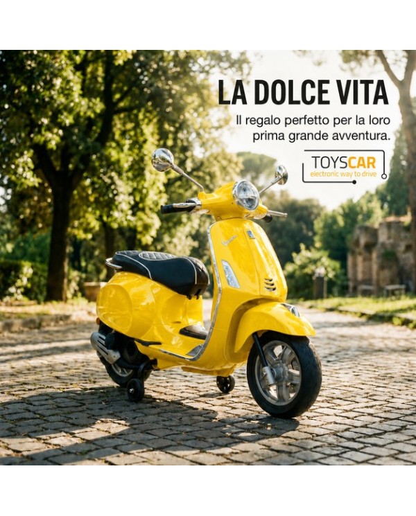 Moto Elettrica Vespa Primavera Elettrica per Bambini 12V Licenza Ufficiale Piaggio Sedile Pelle Luci LED suono Clacson Giallo|Toys Car