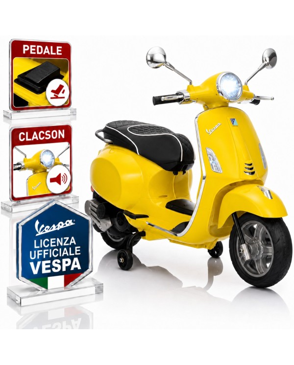 Moto Elettrica Vespa Primavera Elettrica per Bambini 12V Licenza Ufficiale Piaggio Sedile Pelle Luci LED suono Clacson Giallo|Toys Car