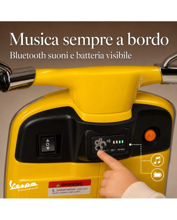 Moto Elettrica Vespa Primavera Elettrica per Bambini 12V Licenza Ufficiale Piaggio Sedile Pelle Luci LED suono Clacson Giallo|Toys Car