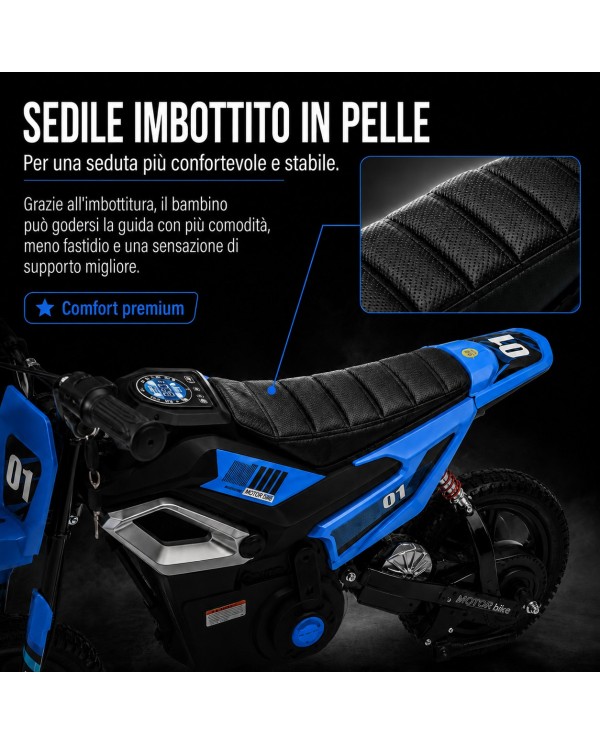Moto Elettrica per Bambini 24V 10Ah Thunder Pro Motore 350W Ruote Gonfiabili 12" Freno a Disco, Sedile in Pelle, 5-10 Anni Blu|Toys Car