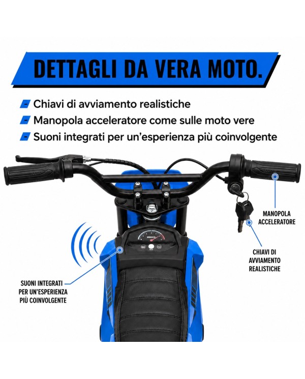 Moto Elettrica per Bambini 24V 10Ah Thunder Pro Motore 350W Ruote Gonfiabili 12" Freno a Disco, Sedile in Pelle, 5-10 Anni Blu|Toys Car