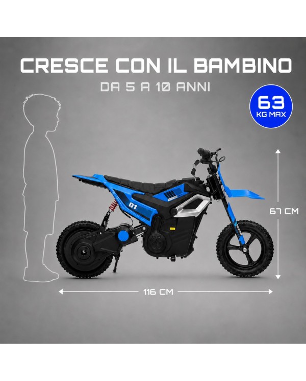 Moto Elettrica per Bambini 24V 10Ah Thunder Pro Motore 350W Ruote Gonfiabili 12" Freno a Disco, Sedile in Pelle, 5-10 Anni Blu|Toys Car