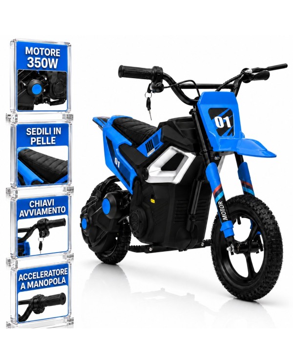 Moto Elettrica per Bambini 24V 10Ah Thunder Pro Motore 350W Ruote Gonfiabili 12" Freno a Disco, Sedile in Pelle, 5-10 Anni Blu|Toys Car