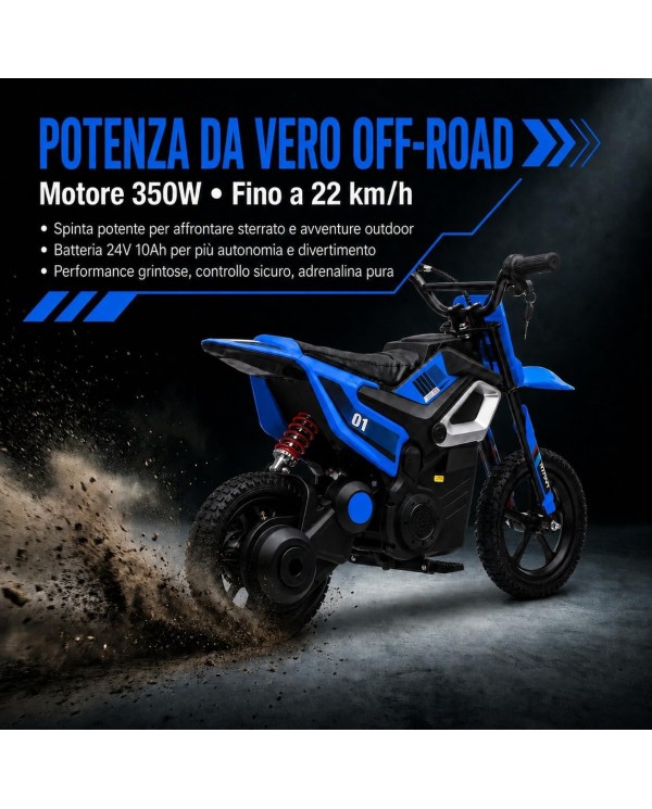 Moto Elettrica per Bambini 24V 10Ah Thunder Pro Motore 350W Ruote Gonfiabili 12" Freno a Disco, Sedile in Pelle, 5-10 Anni Blu|Toys Car