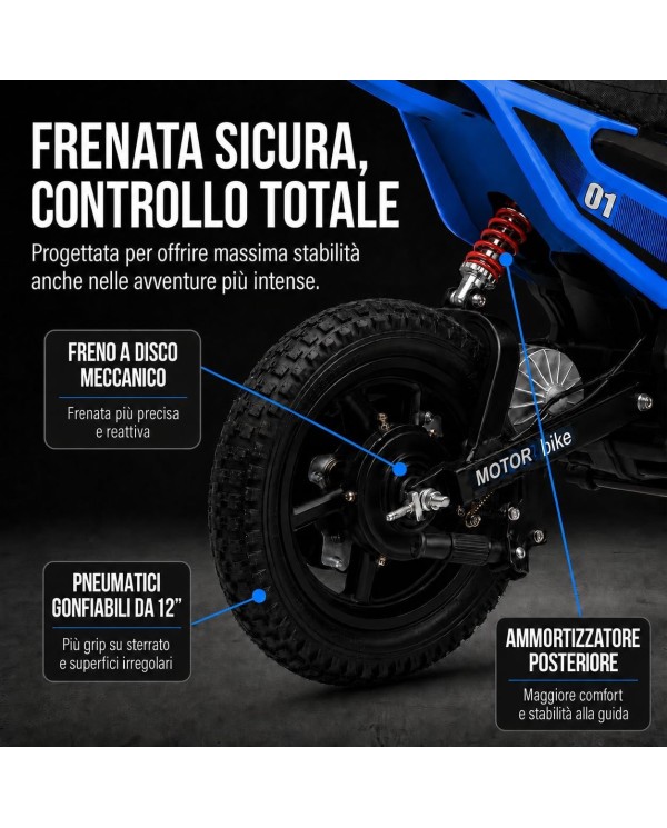 Moto Elettrica per Bambini 24V 10Ah Thunder Pro Motore 350W Ruote Gonfiabili 12" Freno a Disco, Sedile in Pelle, 5-10 Anni Blu|Toys Car