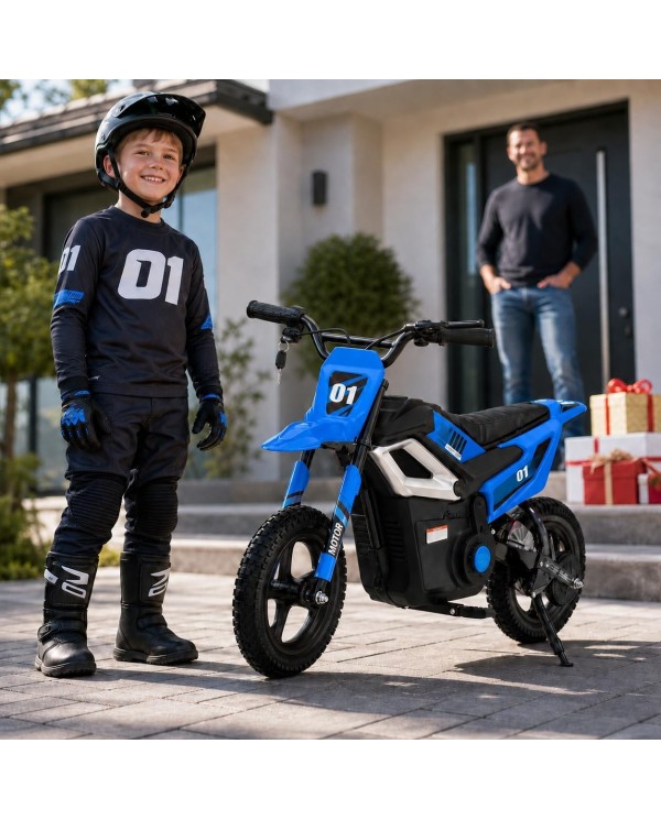Moto Elettrica per Bambini 24V 10Ah Thunder Pro Motore 350W Ruote Gonfiabili 12" Freno a Disco, Sedile in Pelle, 5-10 Anni Blu|Toys Car